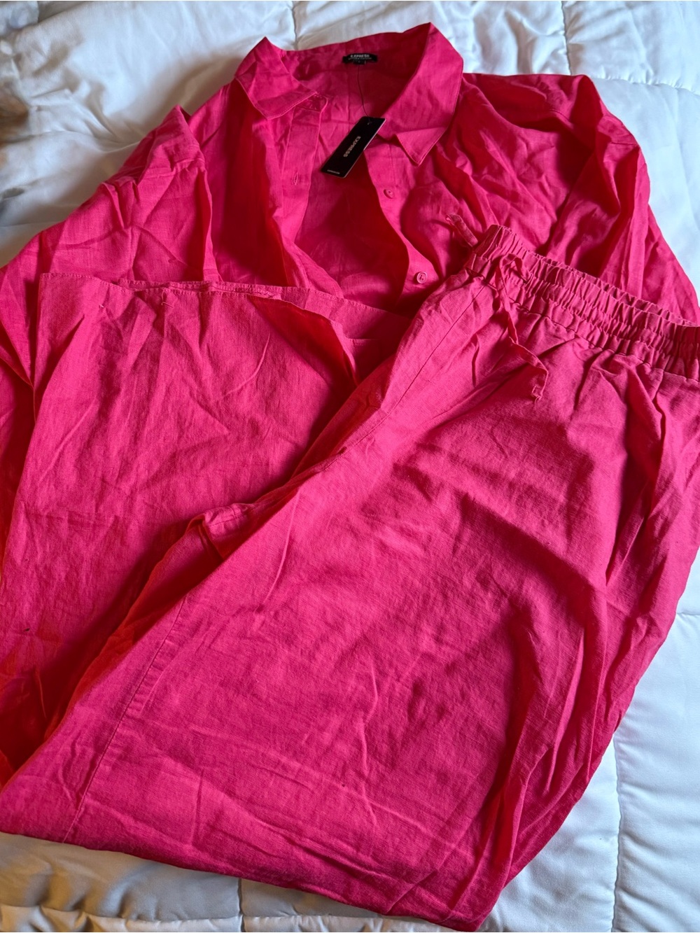 Express Women's Hot Pink Cotton Botton Down & Pants Set